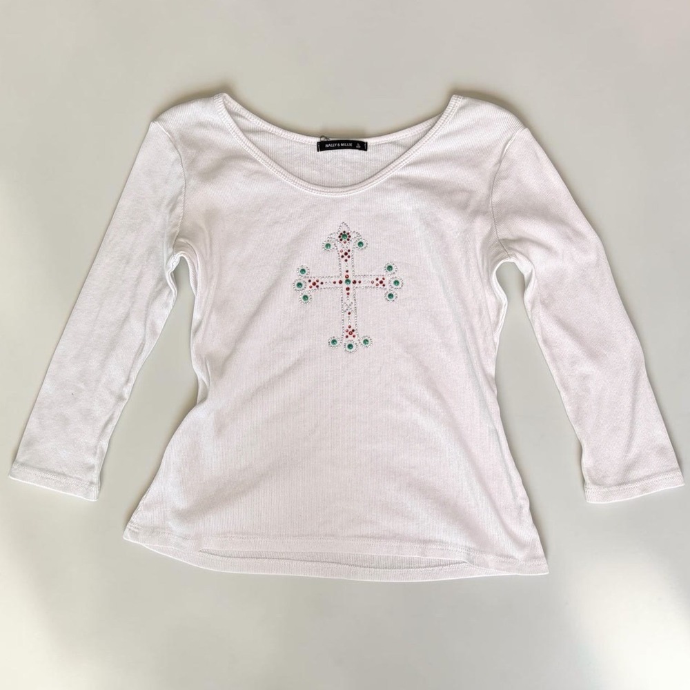 Vintage Nally & Millie Y2K Women Rhinestone Cross Ribbed Long Sleeve Top Large